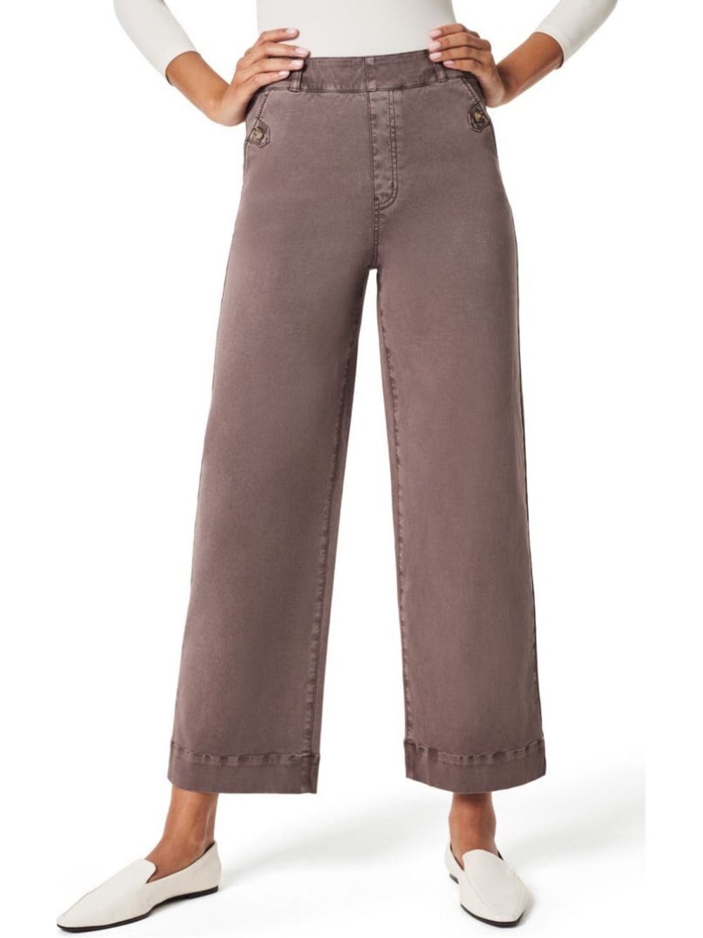 Spanx Stretch Twill Wide Leg Crop Pants Size L Beige Tan